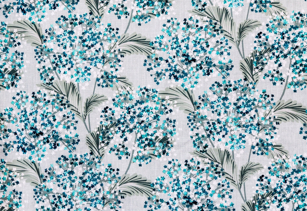 Turquoise Blue Flowers Printed Cotton Curtain Panels