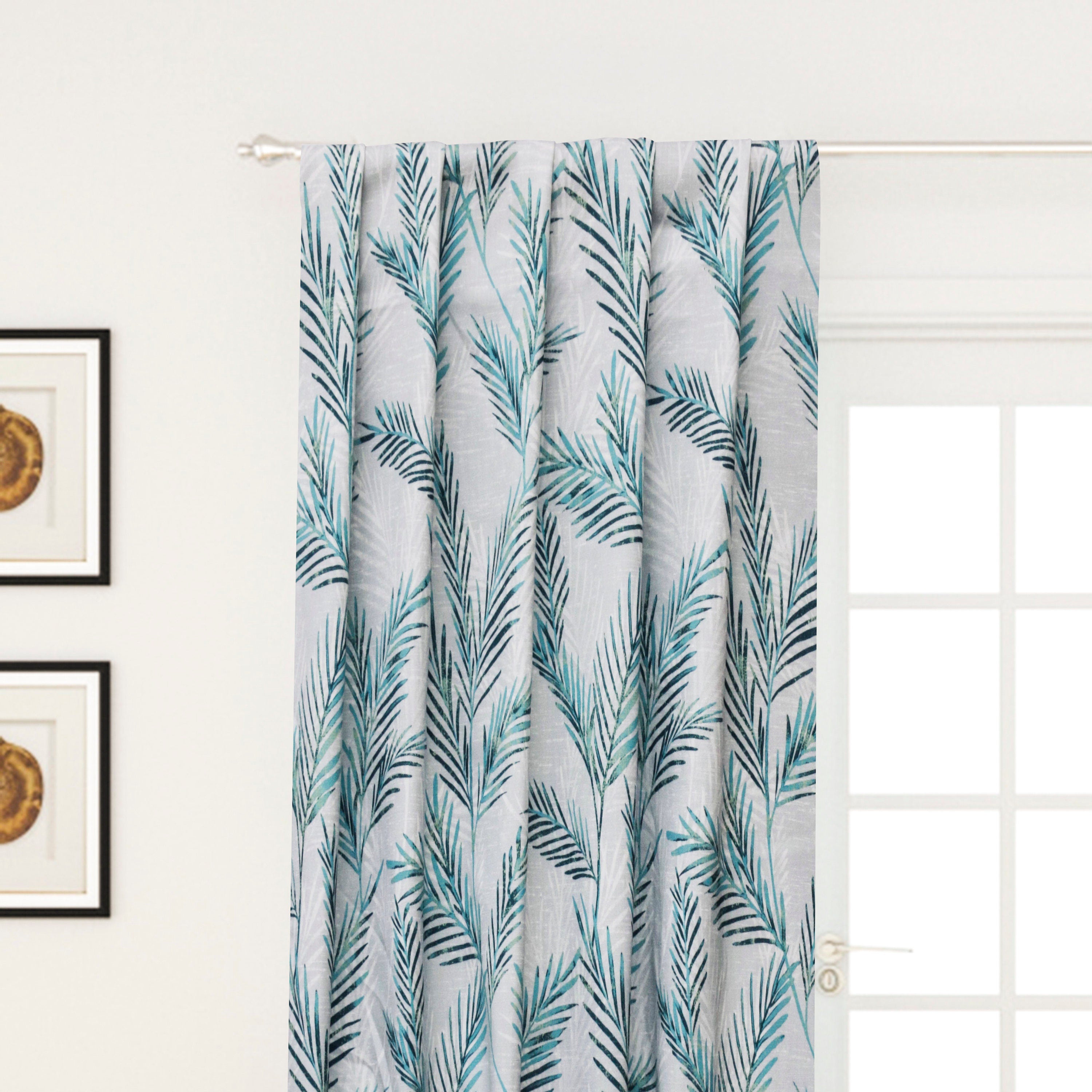 Turquoise Blue Shrubs Printed Cotton Curtain Panels
