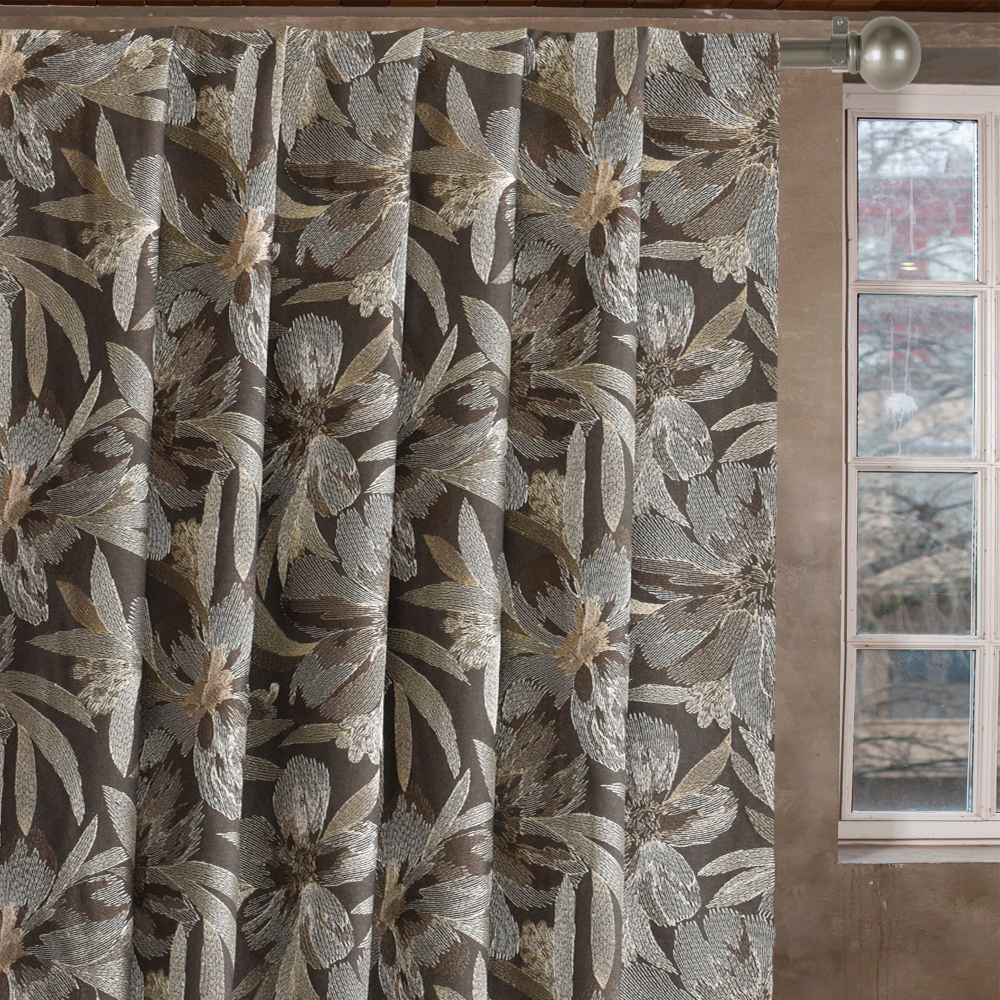 Brown Flower Embroidery Wool Embroidered Curtain Panels
