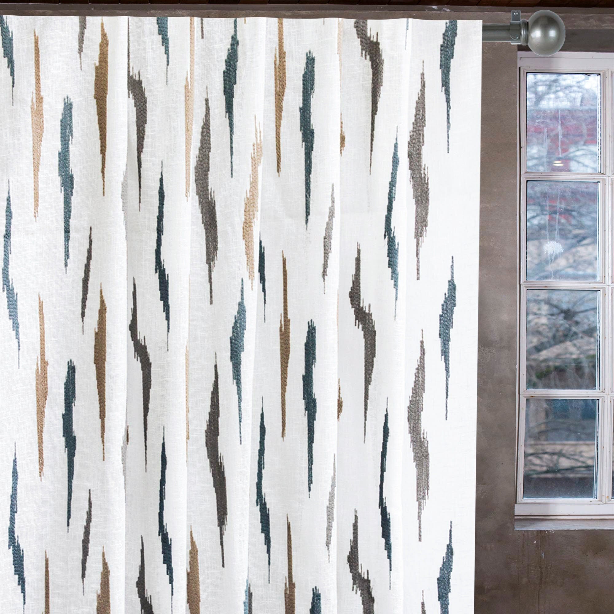 Off White Artistic Sheer Embroidery Linen Look Curtain Panel