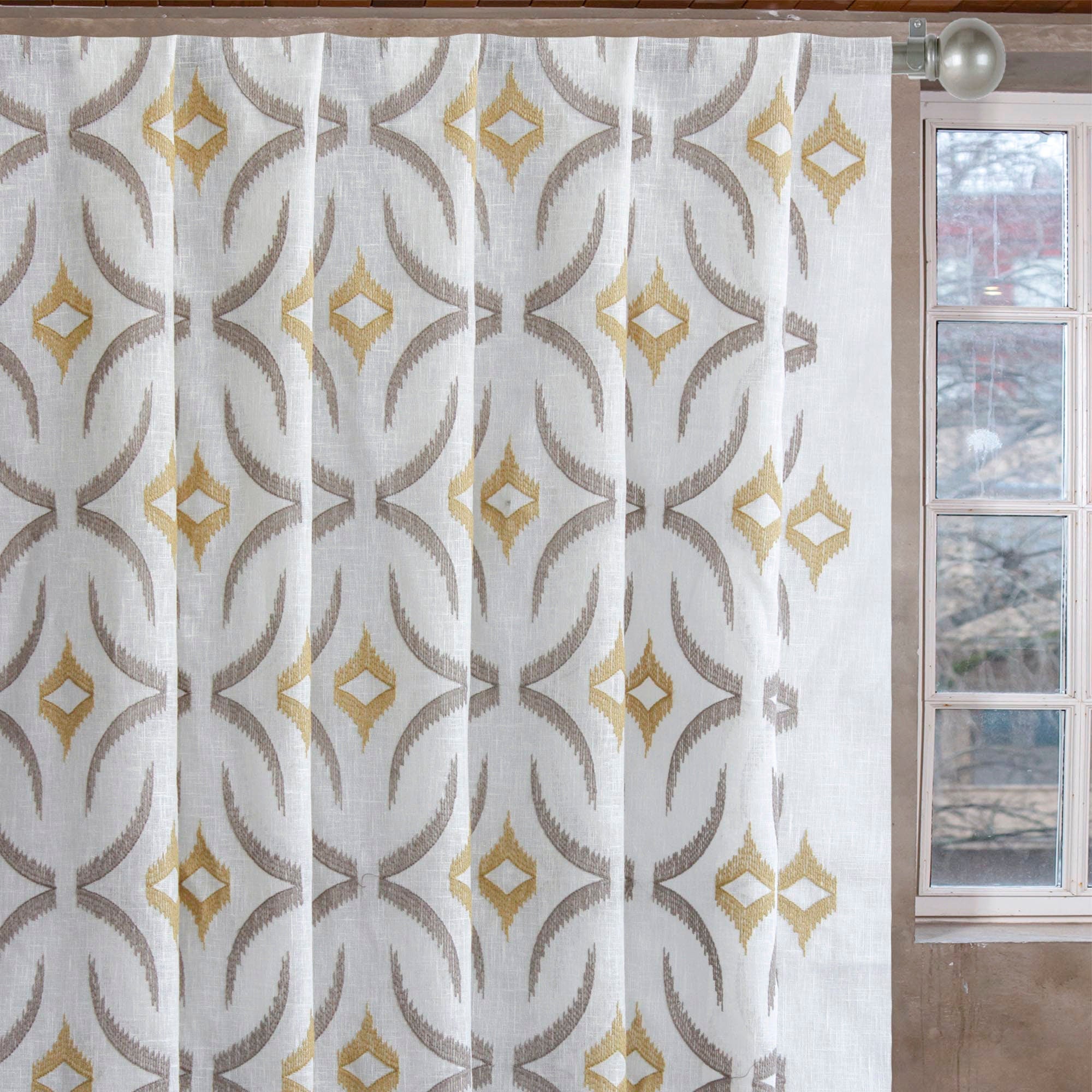 Geometric Mustard Sheer Embroidery Linen Look Curtain Panels
