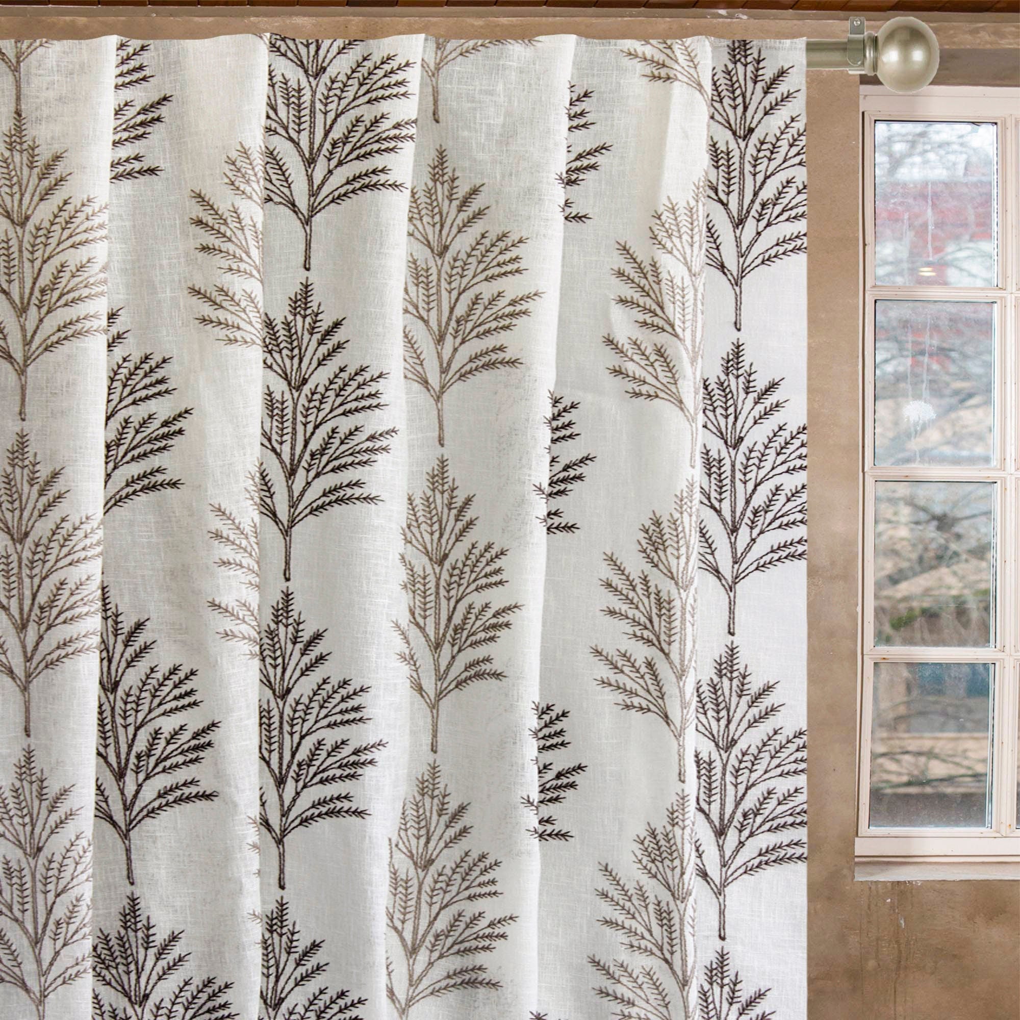 Fern Tree Sheer Embroidery Linen Look Curtain Panels