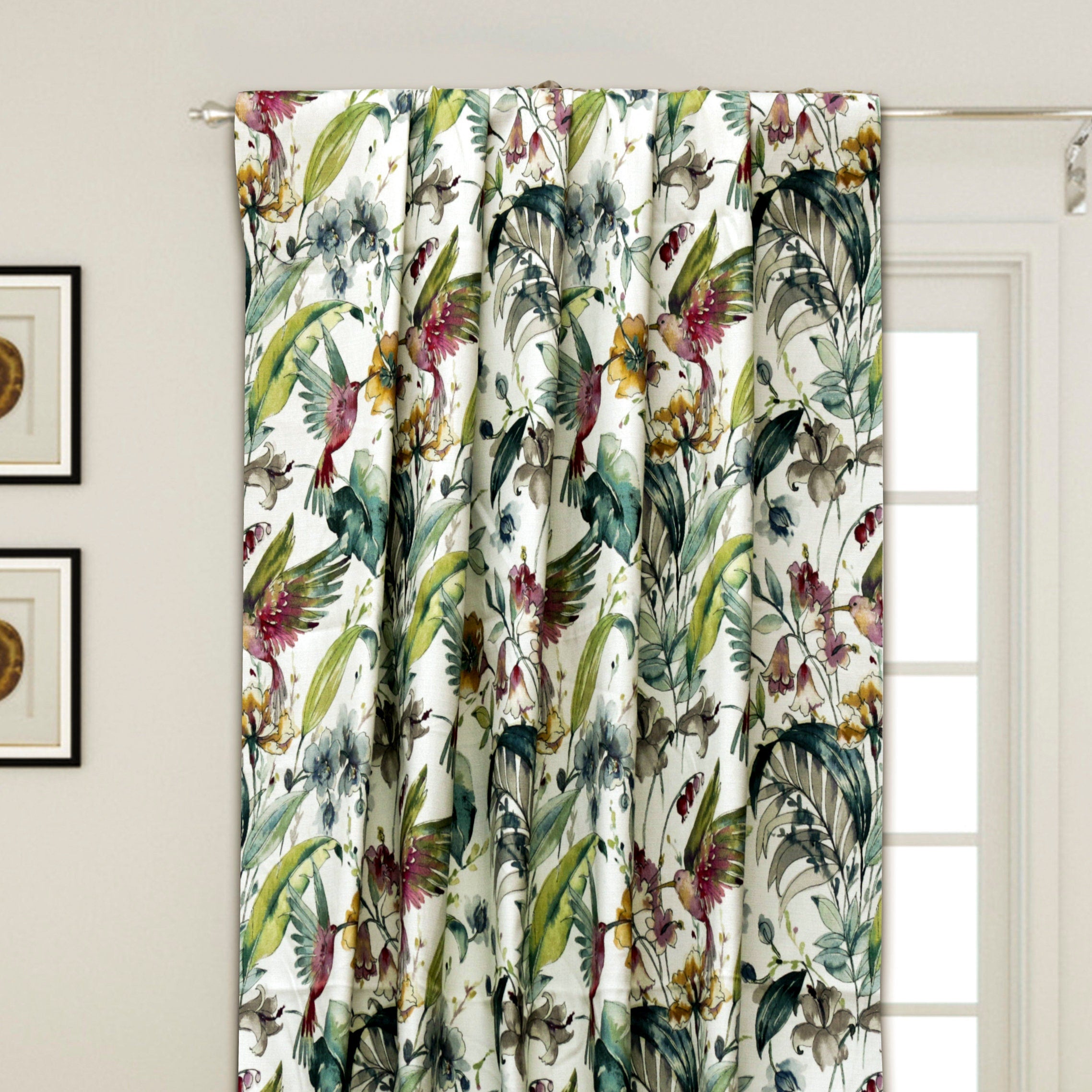 Birdy Love Green, Pink Printed Cotton Curtain Panels