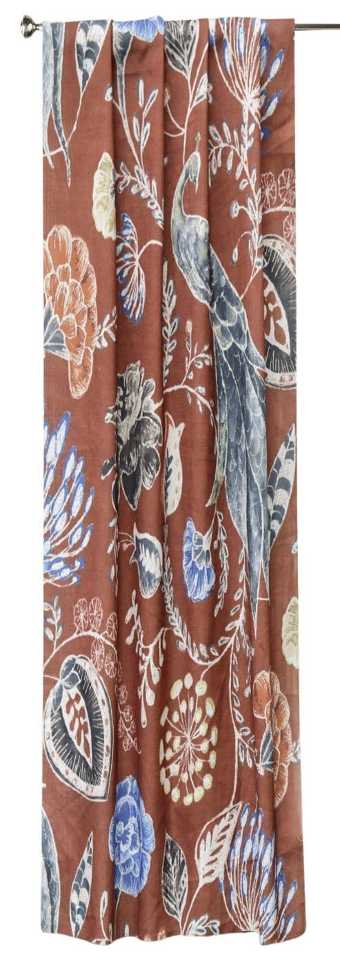Lovely Peacocks Rust Bird Printed Cotton Curtain Panels