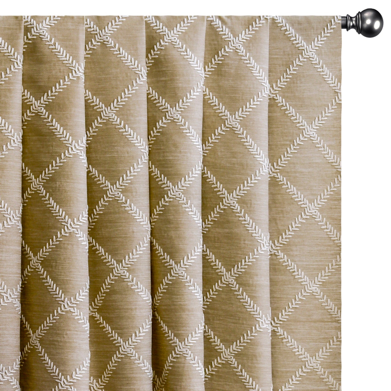 Beige Leafy Diamond Chain Stitch Embroidery Curtain Panels