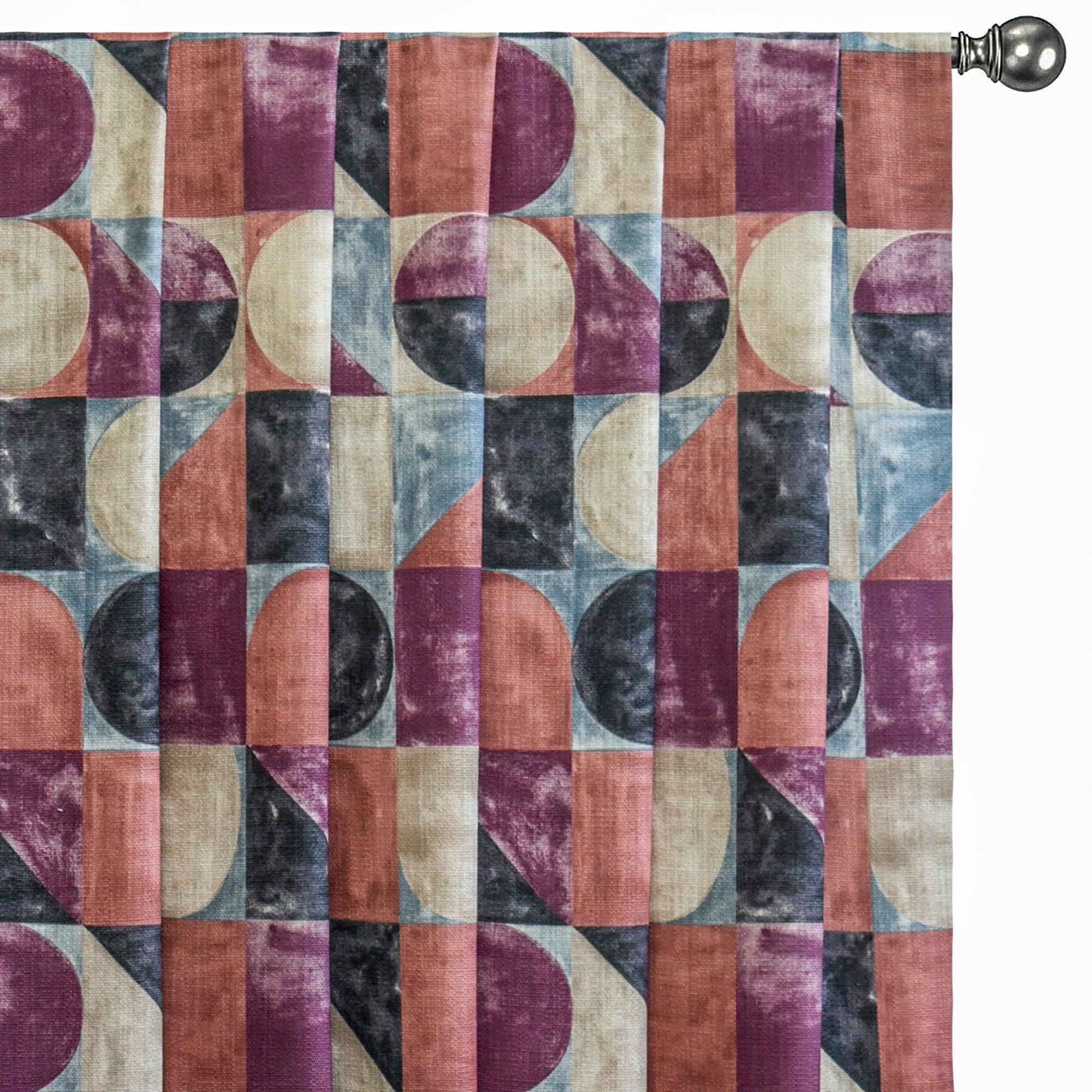 Squares N Circles Burgundy Printed Cotton Curtain Panels