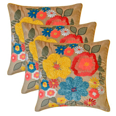 Sunburst Blooms - Beige Velvet Throw Pillow Cover