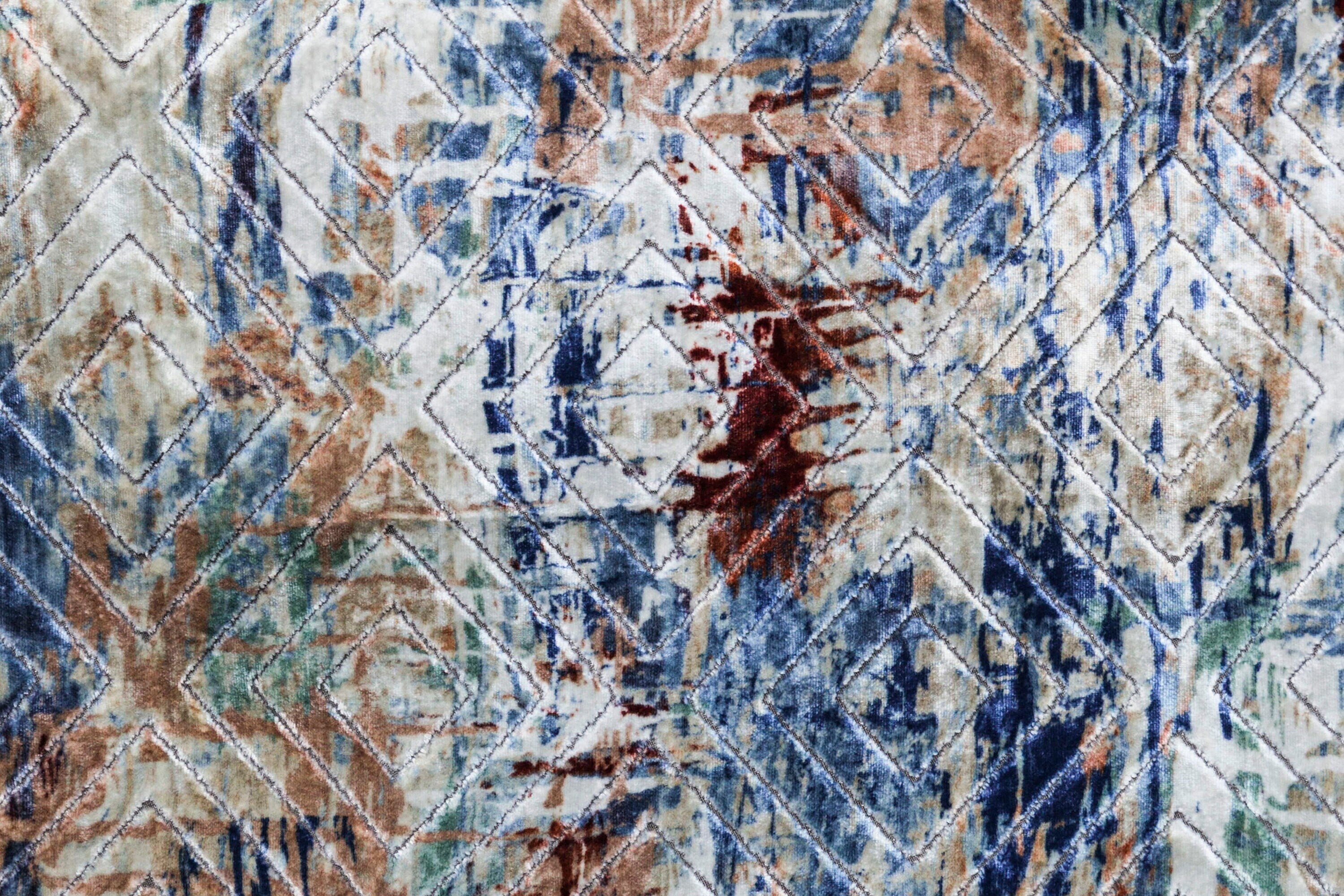 Artistic Ivory, Blue Printed Velvet Geometric Curtain Panels