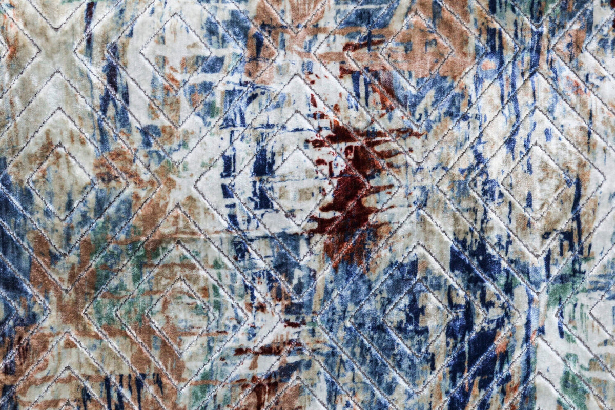 Artistic Ivory, Blue Printed Velvet Geometric Curtain Panels