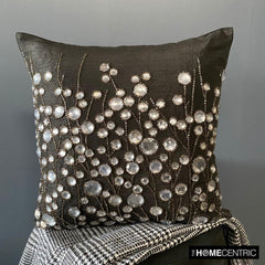 Black Crystal Garden - Black Art Silk Decorative Throw Pillow Cover