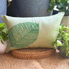 Green Leaf - Art Silk Green Decorative Lumbar Pillow Cover