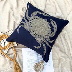 Navy Blue Cotton Linen Throw Pillow Cover - Crab At The Shore