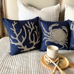 Navy Blue Cotton Linen Throw Pillow Cover - Crab At The Shore