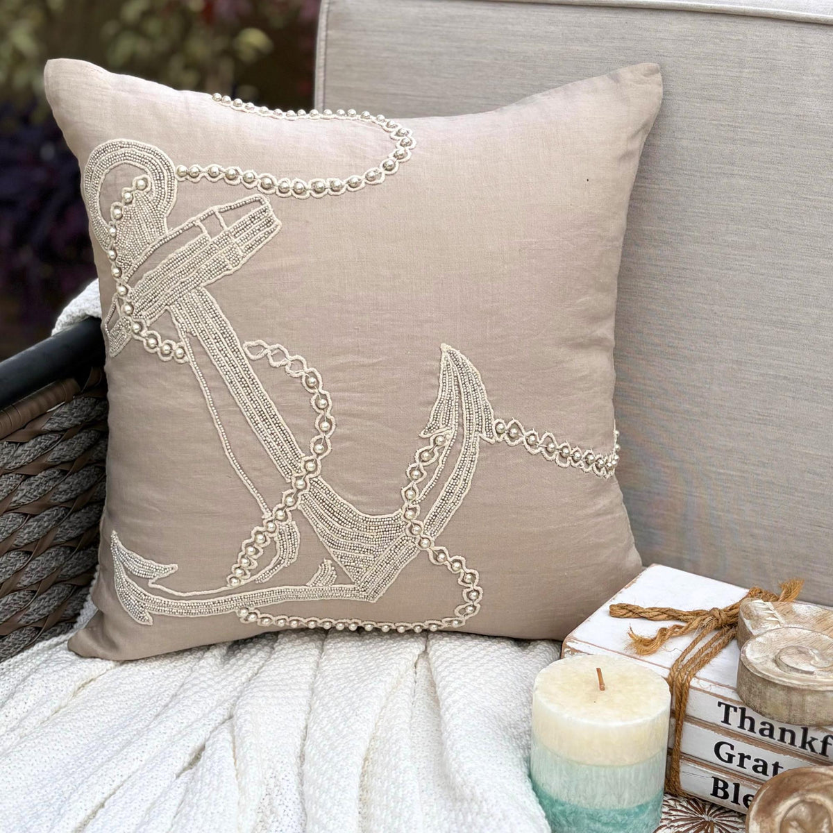 Mocha Cotton Linen Throw Pillow Cover - Pearl Anchor