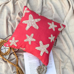 Coral Pink Cotton Linen Throw Pillow Cover - Corallian Star Spirit