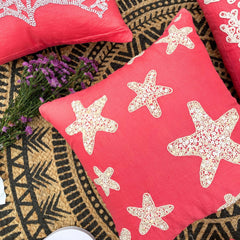 Coral Pink Cotton Linen Throw Pillow Cover - Corallian Star Spirit