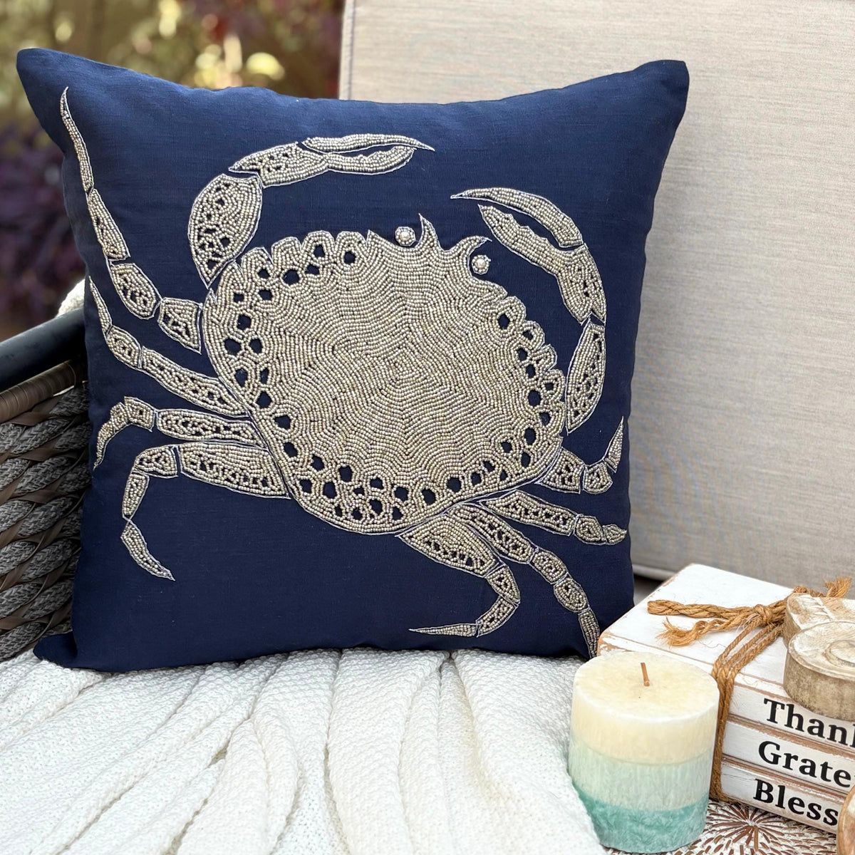 Navy Blue Cotton Linen Throw Pillow Cover - Crab At The Shore