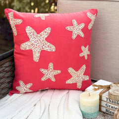 Coral Pink Cotton Linen Throw Pillow Cover - Corallian Star Spirit