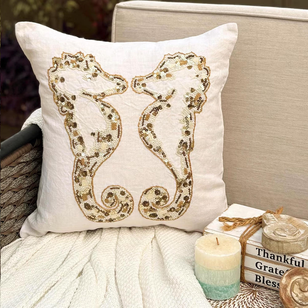 Ivory & Gold Linen Throw Pillow Cover - Sea Horse Kiss