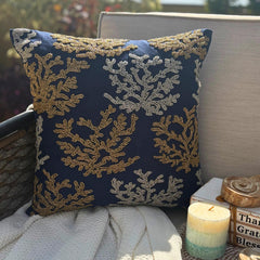 Navy Blue Cotton Linen Throw Pillow Cover - Sea Weeds Swim