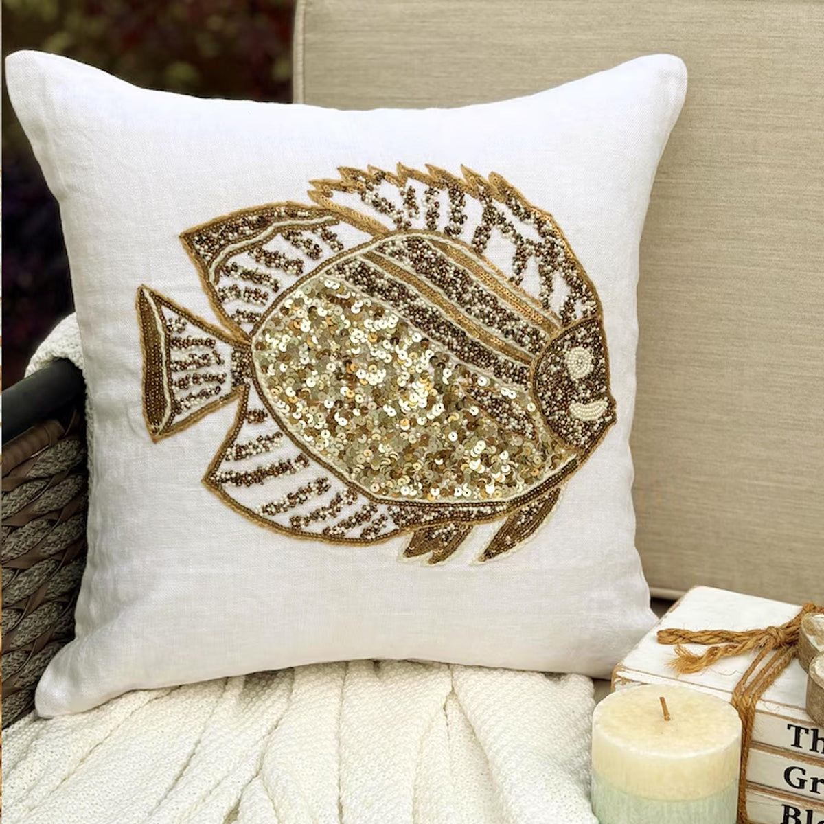 Ivory Linen Throw Pillow Cover - Glamour Fish