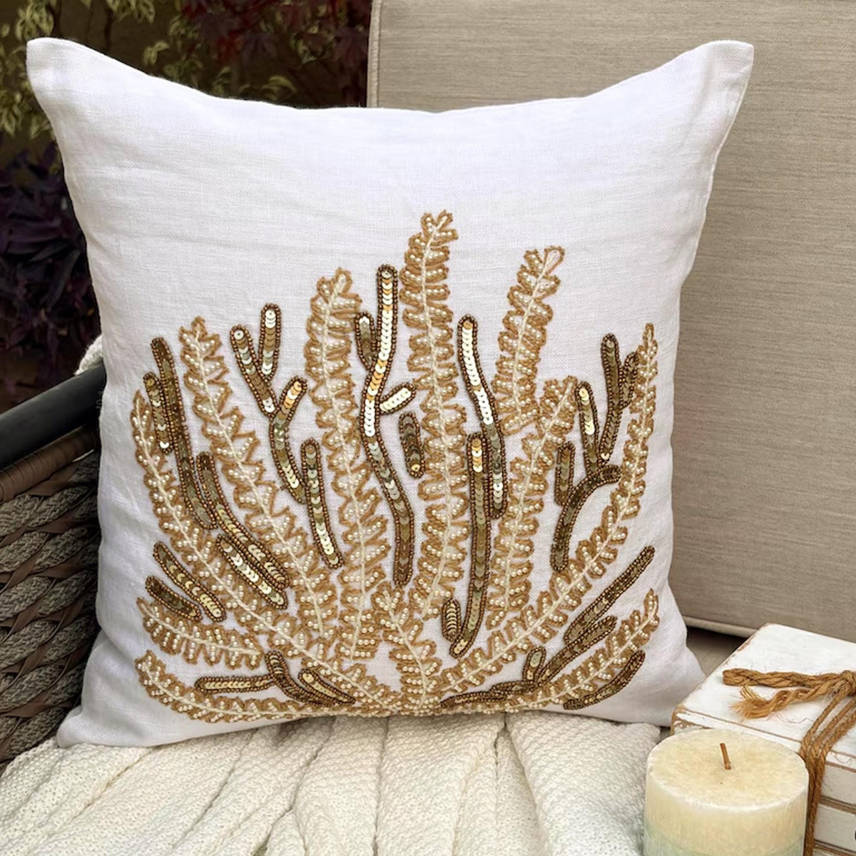 Ivory Linen Throw Pillow Cover - Sea Weed Flow