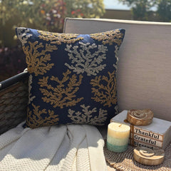 Navy Blue Cotton Linen Throw Pillow Cover - Sea Weeds Swim