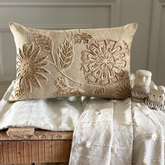 Beige Linen Blend Lumbar Pillow Cover - Floral Dune