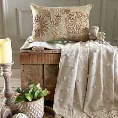 Beige Linen Blend Lumbar Pillow Cover - Floral Dune
