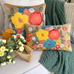 Sunburst Blooms - Beige Velvet Throw Pillow Cover