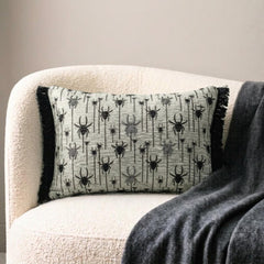 Black Jacquard Decorative Lumbar Pillow Cover - Webbed Spiders