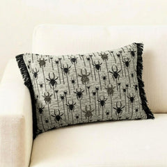 Black Jacquard Decorative Lumbar Pillow Cover - Webbed Spiders