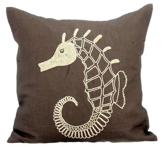 Noble Sea Horse - Brown Cotton Linen Decorative Euro Sham