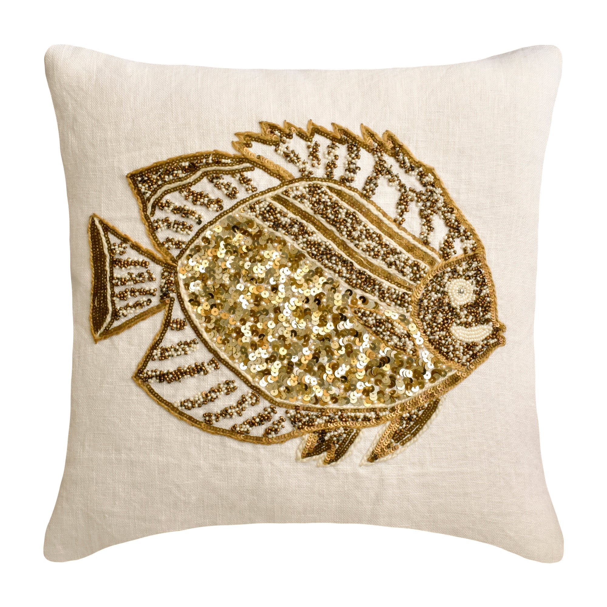 Ivory Linen Sequins Throw Pillow Cover Glamour Fish