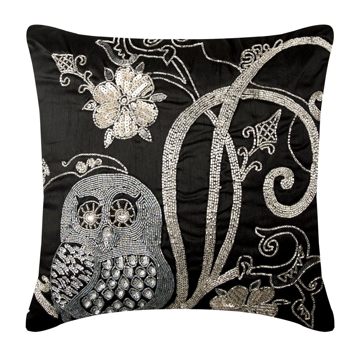Night Owls - Black Art Silk Decorative Euro Sham