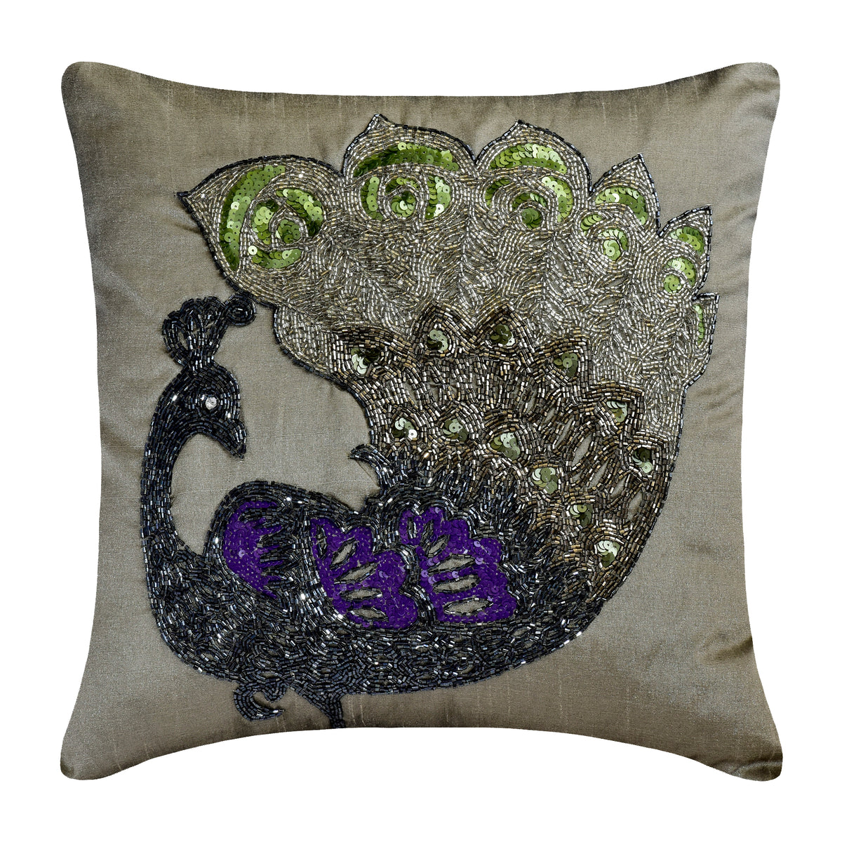 Silver Art Silk Throw Pillow Cover Silver Dancing Peacock