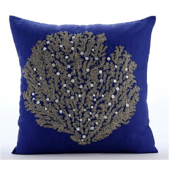 Along The Shore - Royal Blue Cotton Linen Decorative Euro Sham