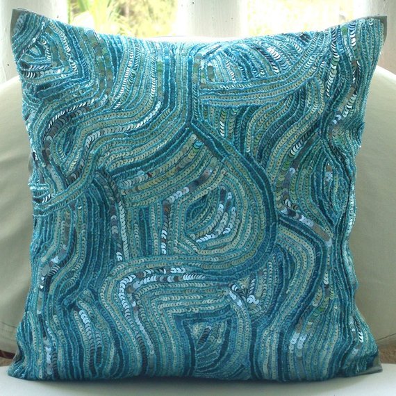 Designer Blue or Green Pillow Cover / Aqua Pillow / Blue Throw Pillow /  Boho Decorative Pillows / Light blue Cushion Cover