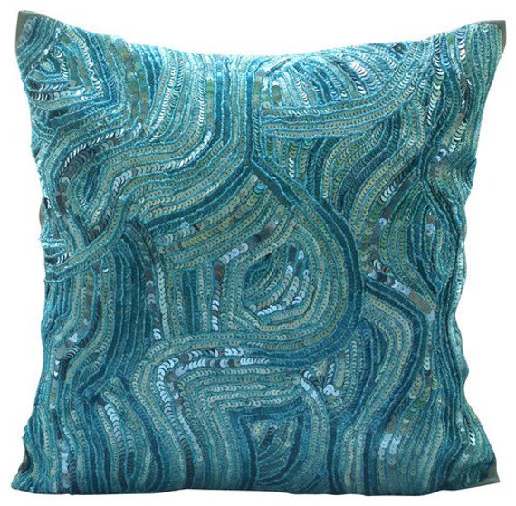 The HomeCentric Cielo Blu Set di 2, 45x45 cm Art Silk Cuscini di lancio di accento, Ricamo Del Nastro Blu Seta Federa, Moderno Tinta Unita Federa Letto - Sky Blue Love The HomeCentric Cielo Blu Set di 2, 45x45 cm Art Silk Cuscini di lancio di accento, Ricamo Del Nastro Blu Seta Federa, Moderno Tinta Unita Federa Letto - Sky Blue Love