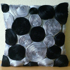 Black Rose - Black & Silver Art Silk Halloween Throw Pillow Cover