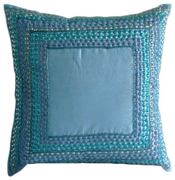 Blue Celebrations - Aqua Blue Art Silk Decorative Euro Sham