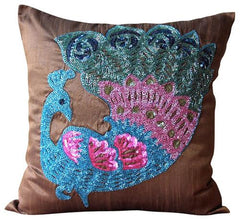 Dancing Peacock - Blue Art Silk Decorative Euro Sham