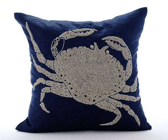 Crab At The Shore - Navy Blue Cotton Linen Decorative Euro Sham