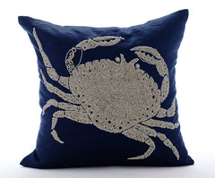Crab At The Shore - Navy Blue Cotton Linen Decorative Euro Sham