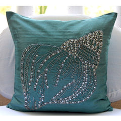 Crystal Sea Shell - Teal Blue Art Silk Throw Pillow Cover
