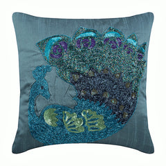 Peacock Glam - Blue Art Silk Decorative Euro Sham