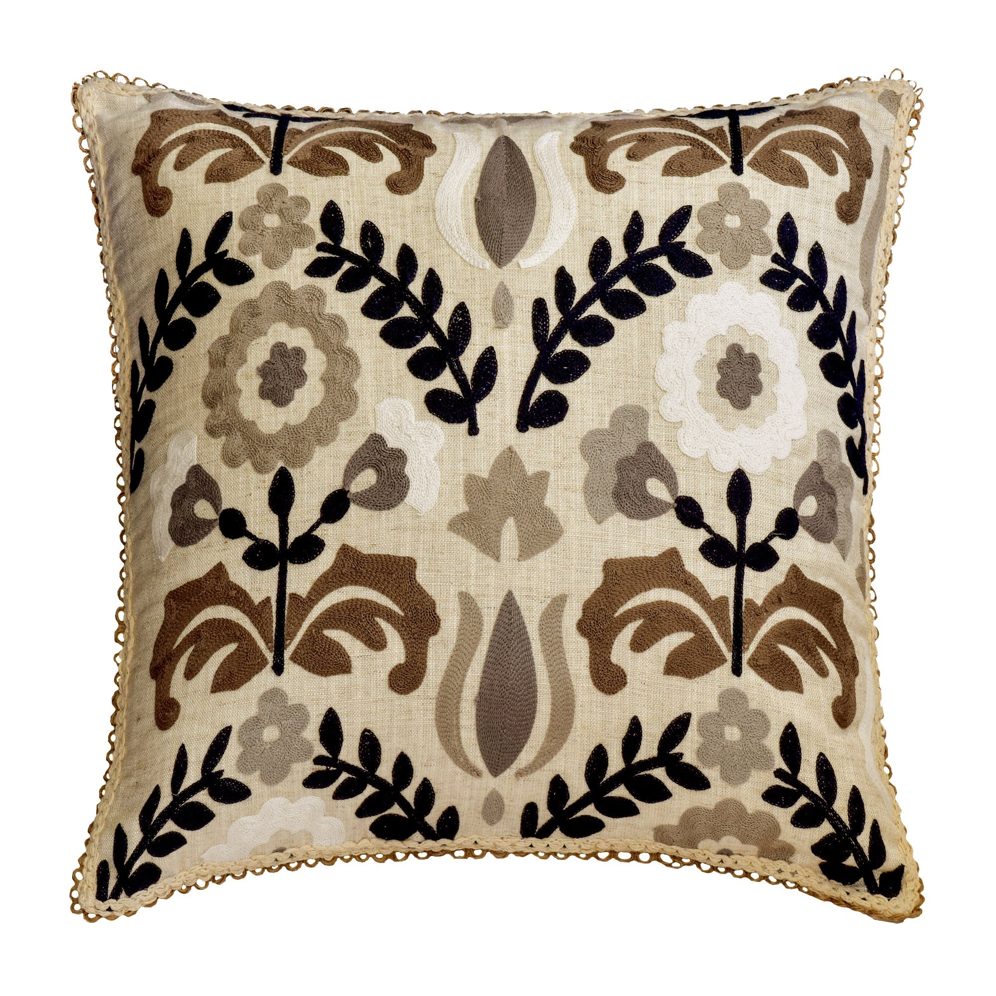 Beige Linen Flowered Throw Pillow Cover Folk Song