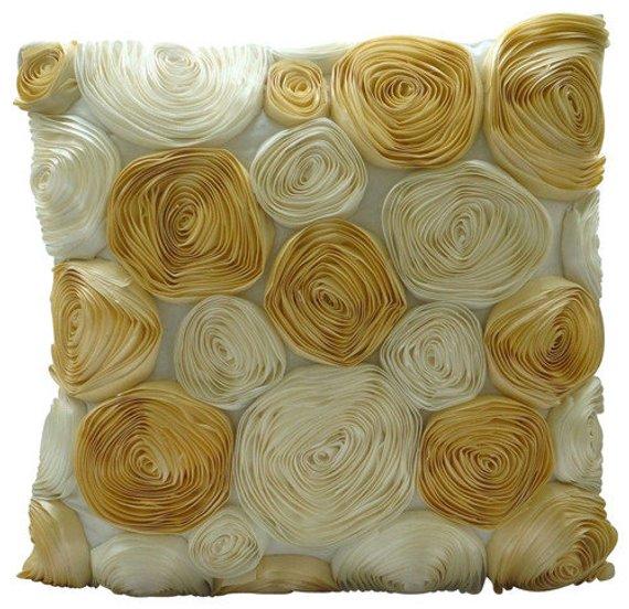 Gold N Ivory Blooms - Ivory & Gold Art Silk Throw Pillow Cover