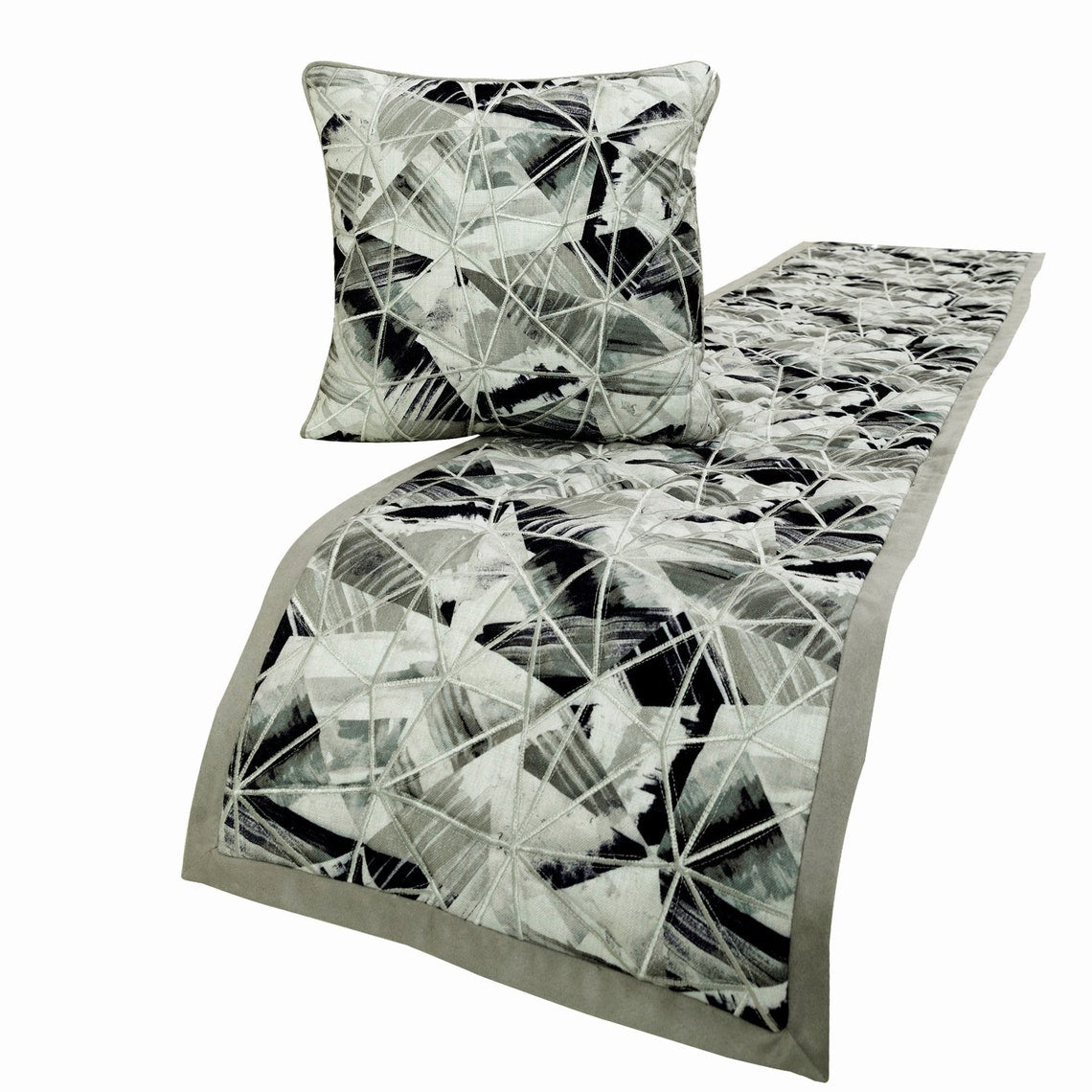 Grey Angular Decorative Bed Runner and Pillow Cover