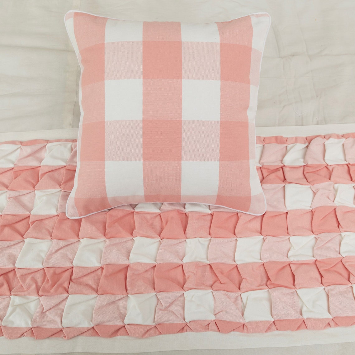 Buffalo Plaid Peach Decorative Bed Runner and Pillow Cover